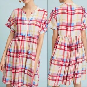ANTHROPOLOGIE 11.1.Tylho Plaid Check Shirred Button Up Shirt Dress